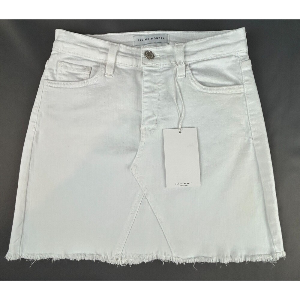 Flying Monkey Black Label White Raw Hem Denim Jean Mini Skirt Size 25 NWT